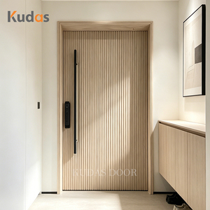 Modern Minimalist Fluted Oak Solid Wood Front Entry Pivot Wooden Exterior Door With Long Handle For Villa Residential